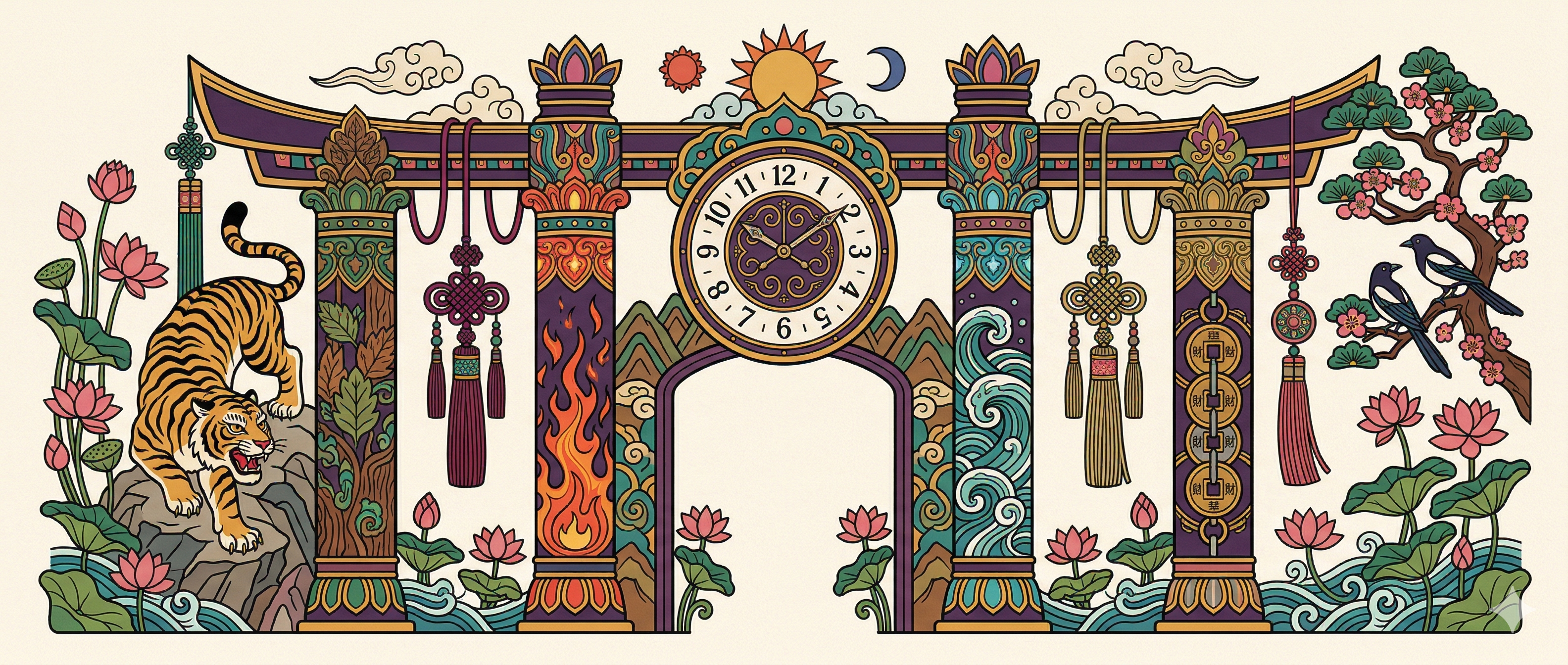 Korean folk art saju four pillars illustration